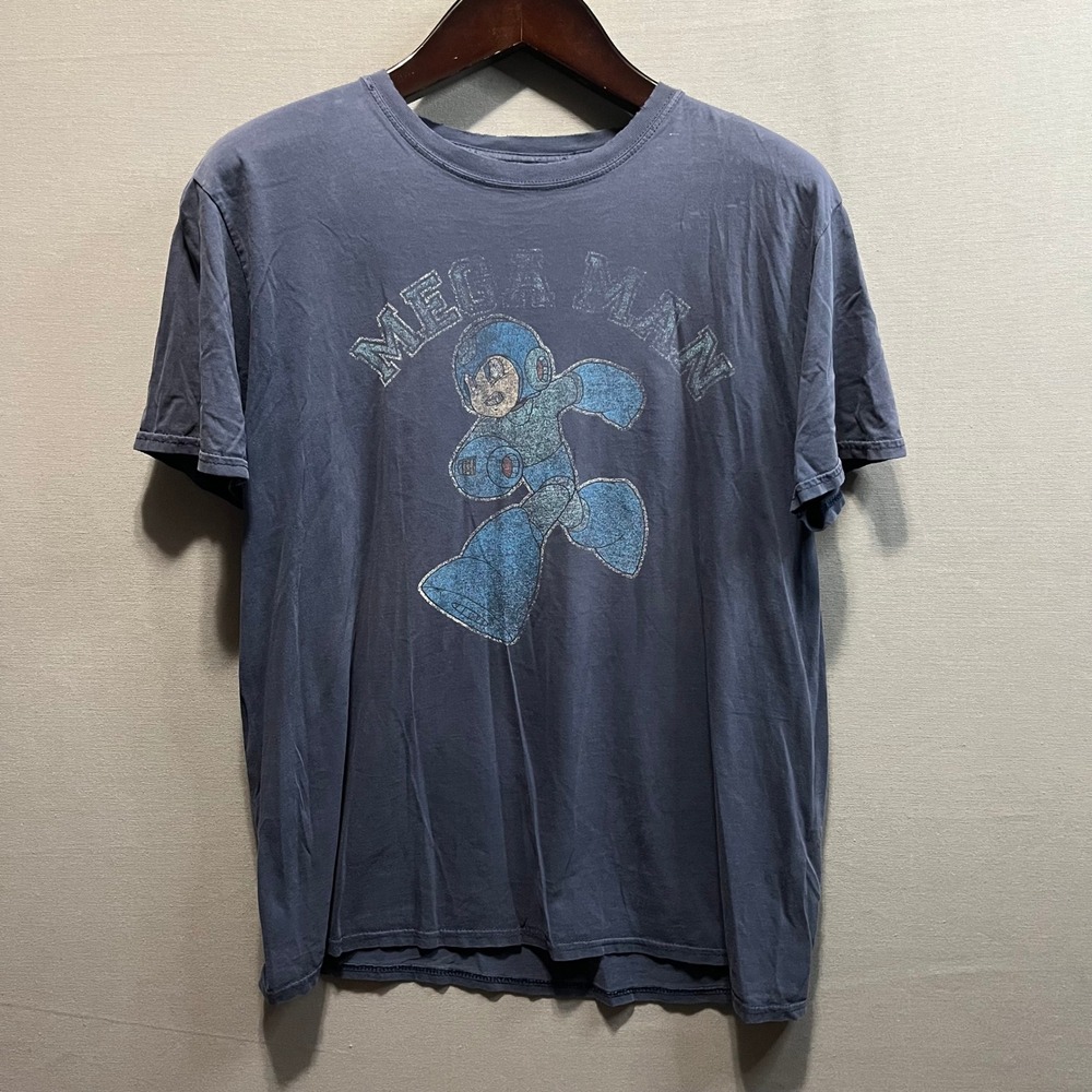 Mega Man Graphic T-Shirt Mens Faded Blue Distressed Retro Video Game Tee